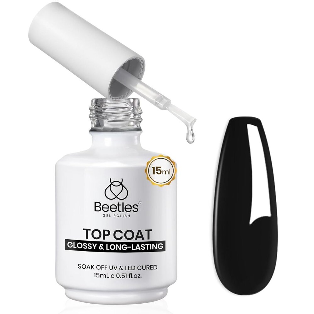 Beetles Extra Glossy Gel Top Coat - 15ml Clear Glossy No Wipe Top Coat Gel Nail